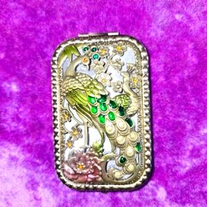 Metal Peacock Folding Compact Travel Mirror With Crochet Case